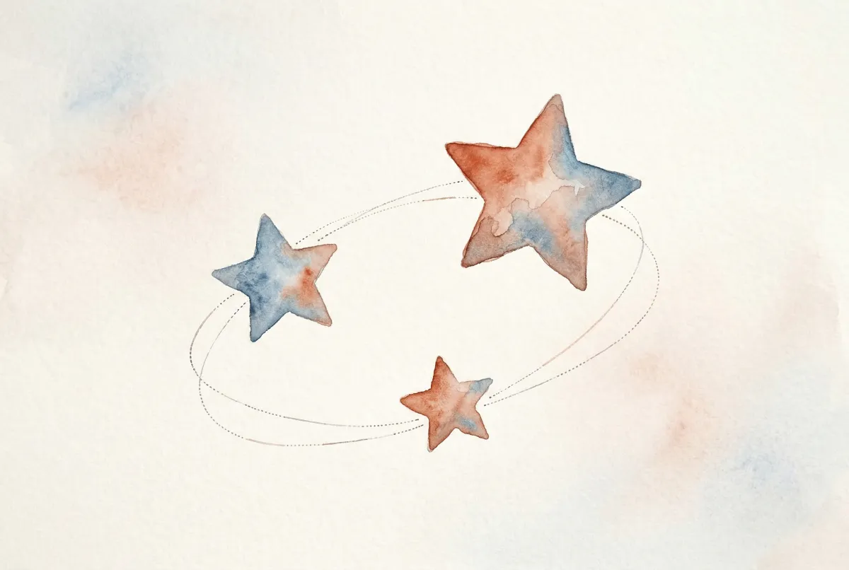 Dos niños pequeños de la mano mirando un cielo estrellado con constelaciones diferentes