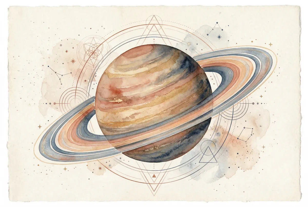 Planeta Saturno con sus anillos rodeado de estrellas, simbolizando la estructura y disciplina en la carta natal de un niño